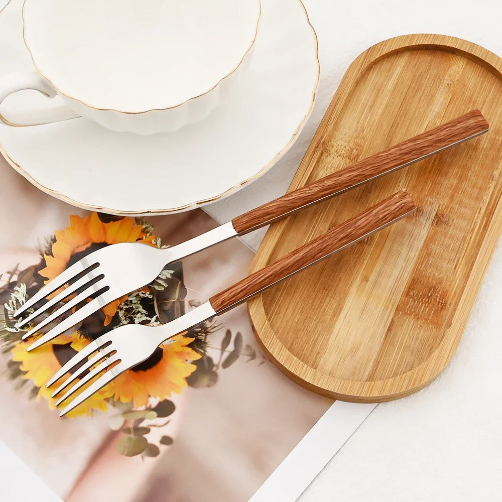 Hemasa 16/24/30Pcs Stainless Steel  Wooden Handle Cutlery Set Dinnerware Clamp Western Tableware Knife Fork Tea Spoon