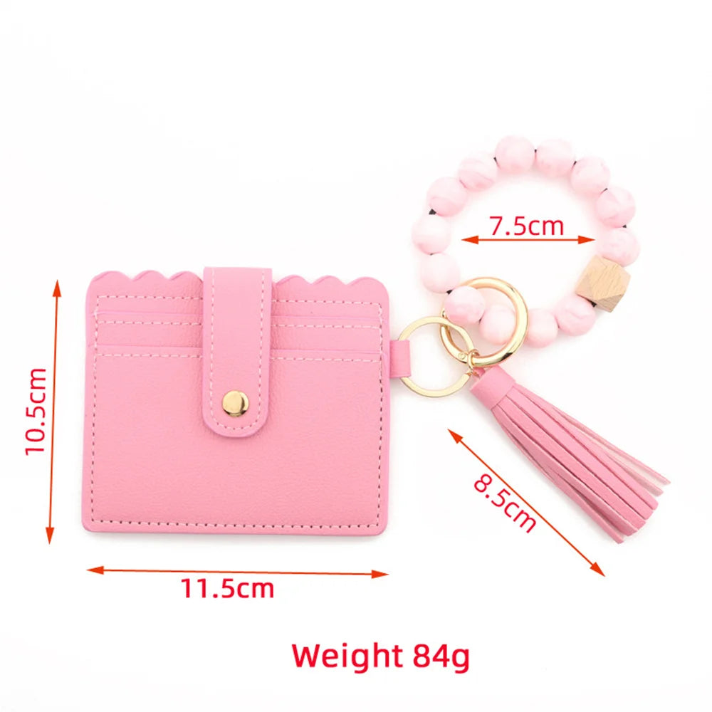 Hemasa Silicone Beads Bracelet With Leopard Print Silicone Bead Bracelet PU Tassel Womens Leather Wallet Key Wrist Keychain Pendant