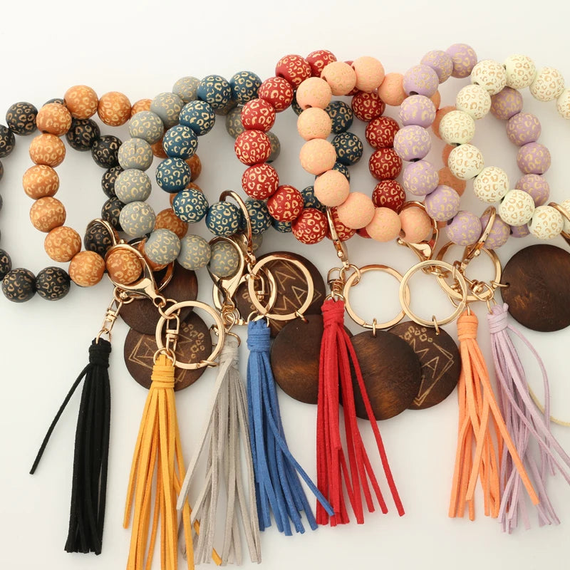Hemasa Silicon Beads MAMA Monogram Wood Blank Wooden Disc Bracelet Tassel Keychain Wristlet Gift for Her Key Ring