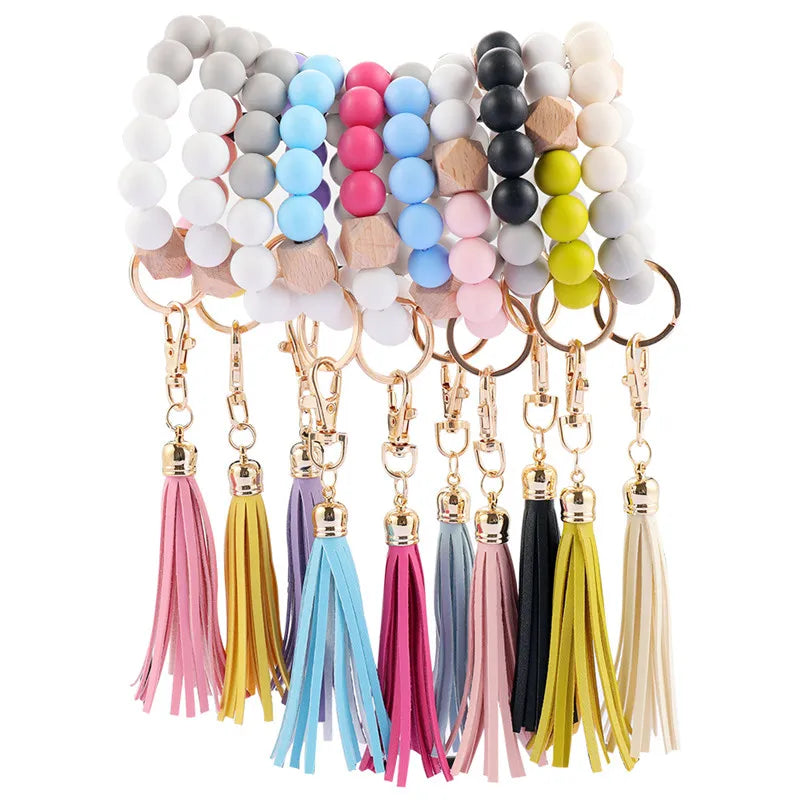 Hemasa  Silicone Wood Beads Keychain Keyring For Women Wristlet Bracelet Pendant Keychain With Jewelry Accessories