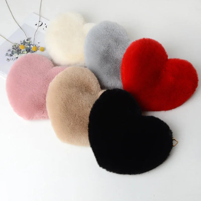 Hemasa Heart Shaped Handbags/ Cute Faux Fur Crossbody Bags/  Lady Soft Plush Chain Shoulder Bag