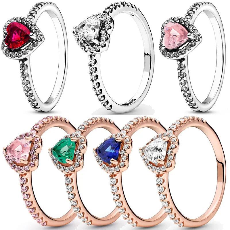 Hemasa 925 Sterling Silver Ring Elevated Red Heart With Colorful Crystal Rings For Women Valentine's Birthday Gift DIY Jewelry