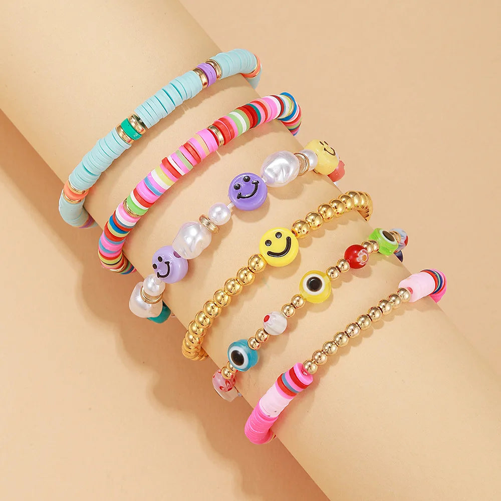 6-7Pcs/Set Bohemia Smile Face Colorful Stackable Bracelet Soft Clay Pottery Layering Friendship Bead Girl Bangle Boho Jewelry