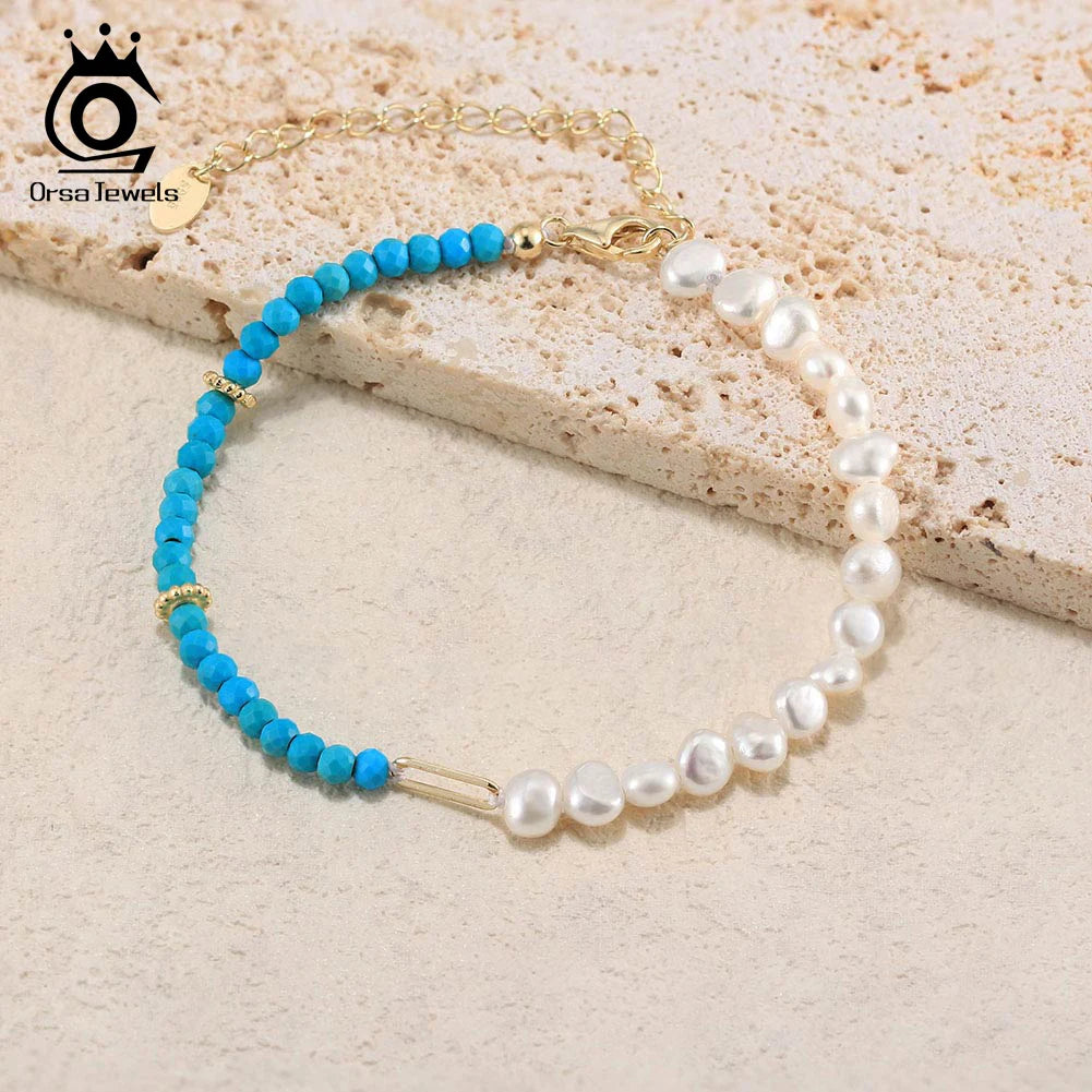 ORSA JEWELS 925 Sterling Silver Turquoise Beaded Bracelet Chain with Natural Pearls For Women Party Gift Luxury Jewelry MPB06