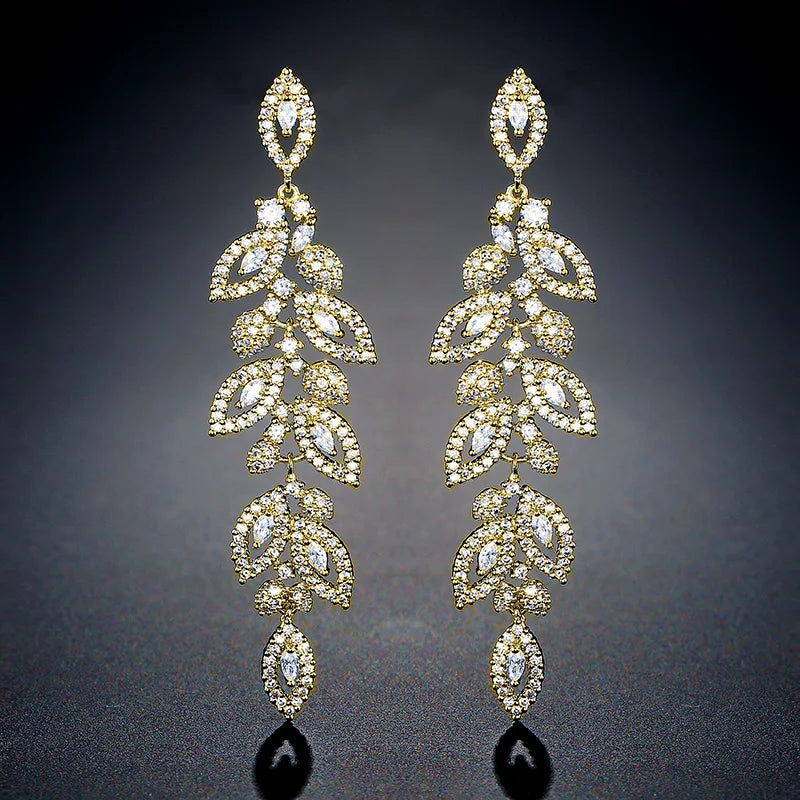 Hemasa Luxury Shiny Zircon Polish Bridal Wedding Dange Earrings Elegant Marquise Leaf AAA CZ Long Drop Earring Party Jewelry