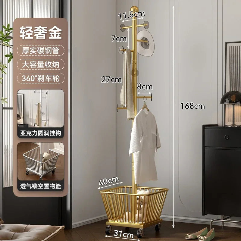 Standing Coat Rack with Basket, Entryway Coat Hanger Stand, Mobile Clothes Storage Rack with Wheels, Hallway