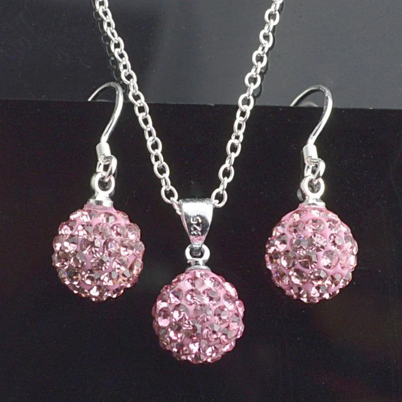 Brand Female Jewelry Set Women's Fashion Ab White Crystal 10mm Ball Drop Earrings Necklace Pendant Set Silver Color Wholesale