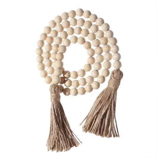 Wood Bead Garland with Jute Rustic Boho Tassels String DIY Wall Hanging Handmade Garland Farmhouse Home Decor Ornament Gift
