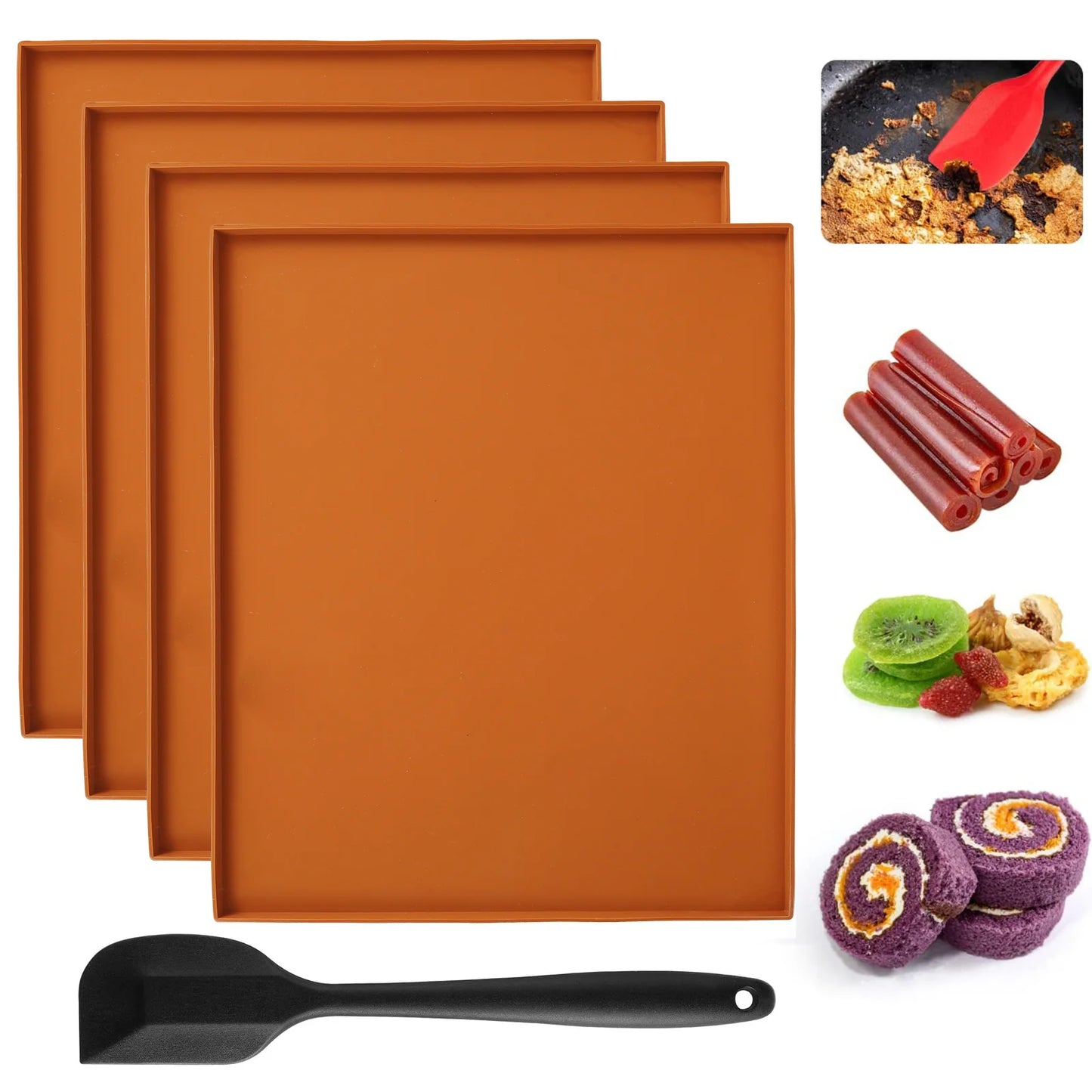 4pcs Silicone Dehydrator Mats with Edge Non-stick Dehydrator Sheets Multifunctional Dehydrator Trays with Silicone Scraper