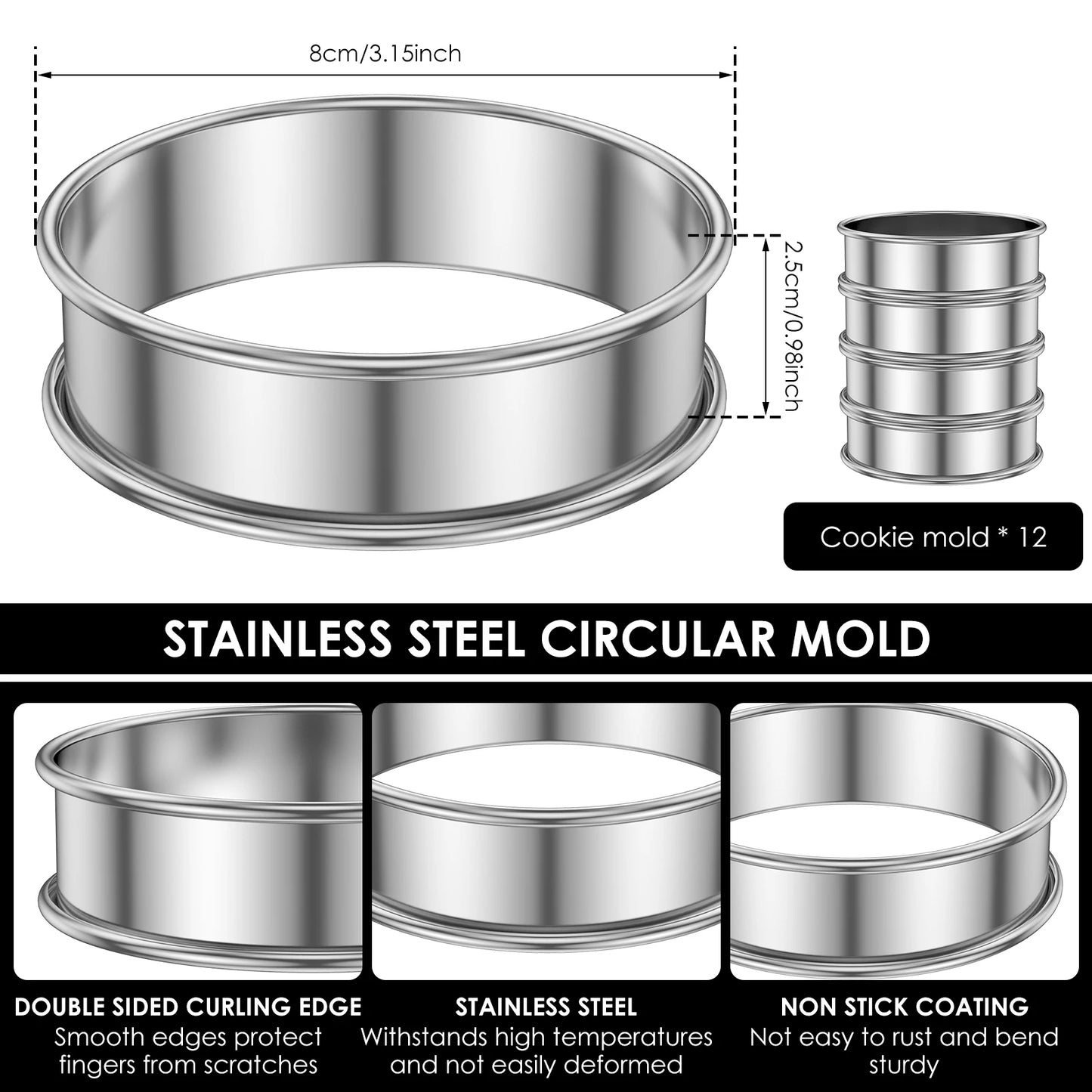 Tejesa 12Pcs Muffin Tart Rings Stainless Steel Crumpet Rings 10/8cm English Double Rolled Muffin Ring Cooking Dessert Pastry Ring Molds