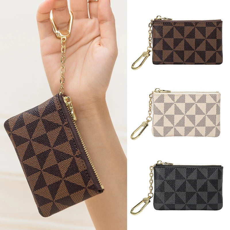 Heamsa Mini Coin Purse Luxury Designer Plaid Leather Small Zipper Wallet Ladies Keychain