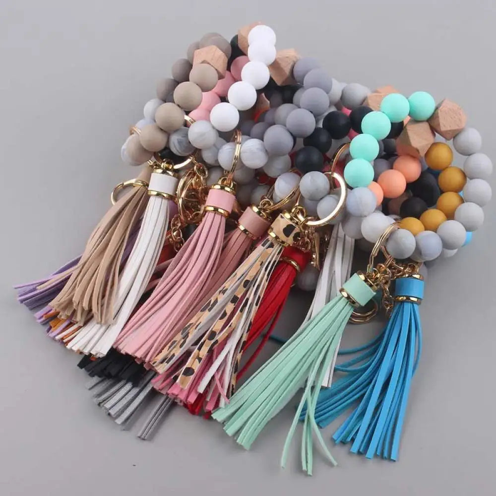 Creative Colorful Wood Silicone Beaded Keychain Lobster Buckle PU leather Tassel Keyring For Women Men Bracelet Keychain Jewelry