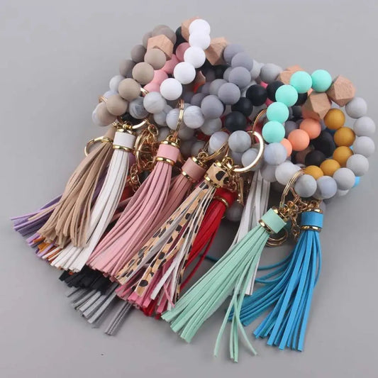 Creative Colorful Wood Silicone Beaded Keychain Lobster Buckle PU leather Tassel Keyring For Women Men Bracelet Keychain Jewelry