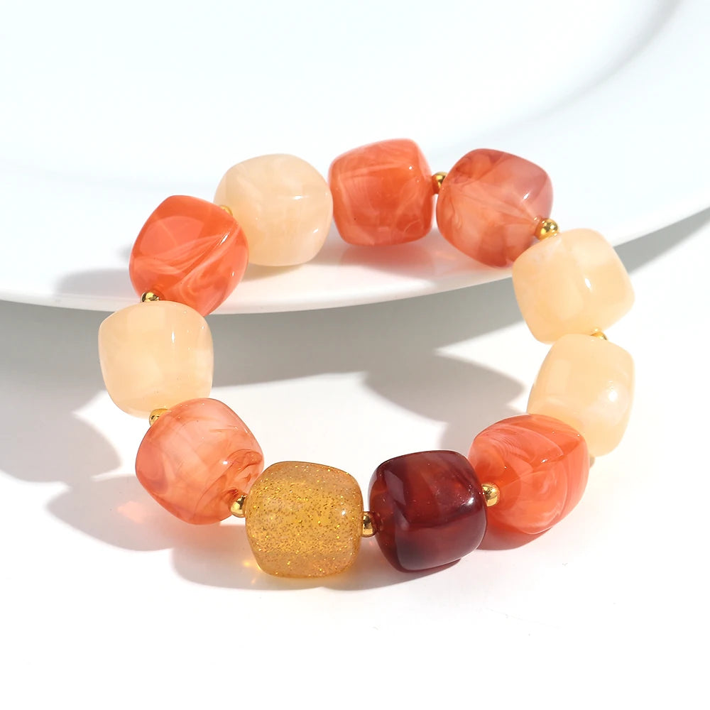 New Multicolor Acrylic Geometric Bead Bracelet for Women Trendy Resin Irregular Square Elastic Bracelets Handmade Jewelry Gift