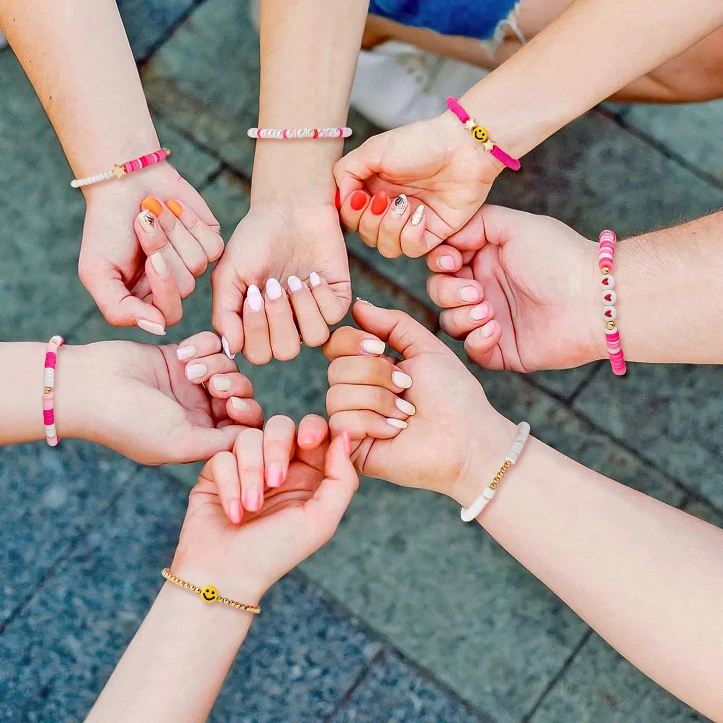 Hemasa 7Pcs/set Summer Style Pink Princess Soft Clay Bracelet Smile Heart-shaped Star Bead Elastic Bracelet