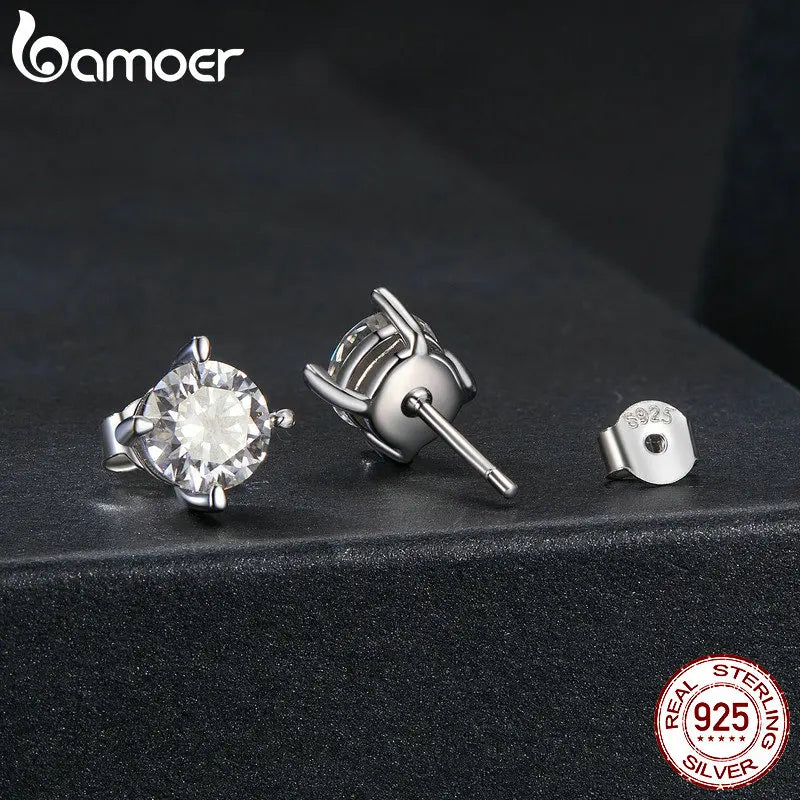 BAMOER Gold Plated Round Moissanite Stud Earrings for Women, 925 Sterling Silver Classic Engagement Wedding Jewelry Gift MSE038