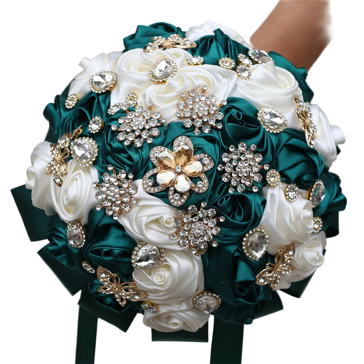 Tejesa Ivory Champagne Bridal Wedding Bouquet with Crystal Artificial Silk Rose Flower Bouquet for Quinceanera Bride Wedding