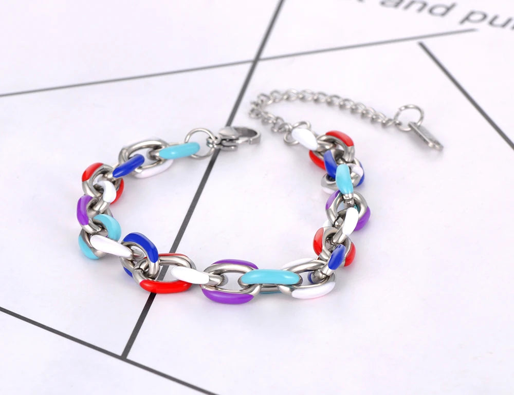 Hemasa Stainless Steel Chain & Link Bracelet Trendy 18k Gold Plated Colorful Glazed Charm Bracelet For Women JB22038