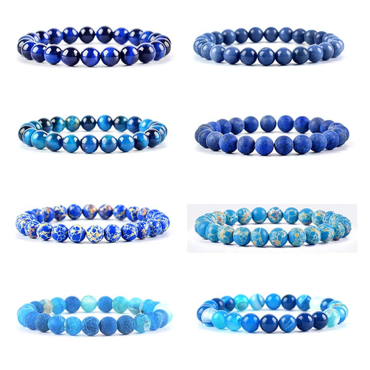 Blue Beads Natural Stone Beads Bracelet Homme Man Lapis Lazuli Aquamarine Crystal Blue Tiger Eye Spot Handmade Jewelry for Women