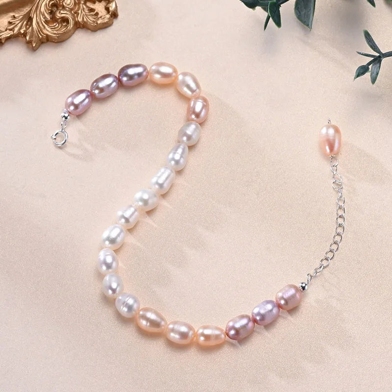 Hemasa 6-7mm Rice Shape Freshwater Pink Purple Mixed Color Bracelet /925 Sterling Silver  Jewelry Gift for Women Girls