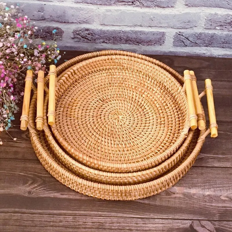 Hemasa 1PC Rattan Bread Storage Woven Snacks Fruit Round Tray Picnic Binaural Tray Living Room Table Finishing