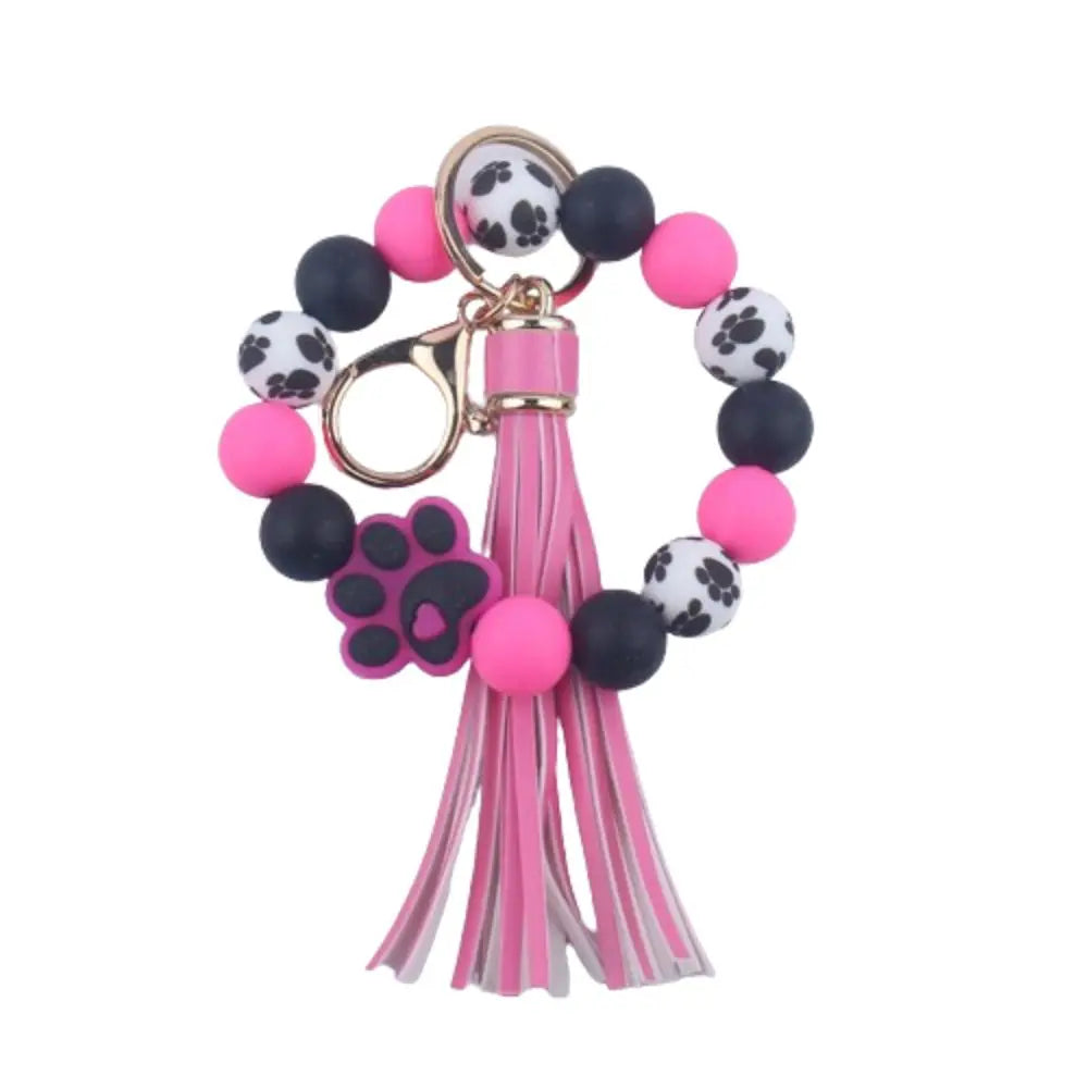 Creative Wristlet Keychain Portable Silicone Beaded Dog Claw Pendant Bracelet with Leather Tassel English Alphabet