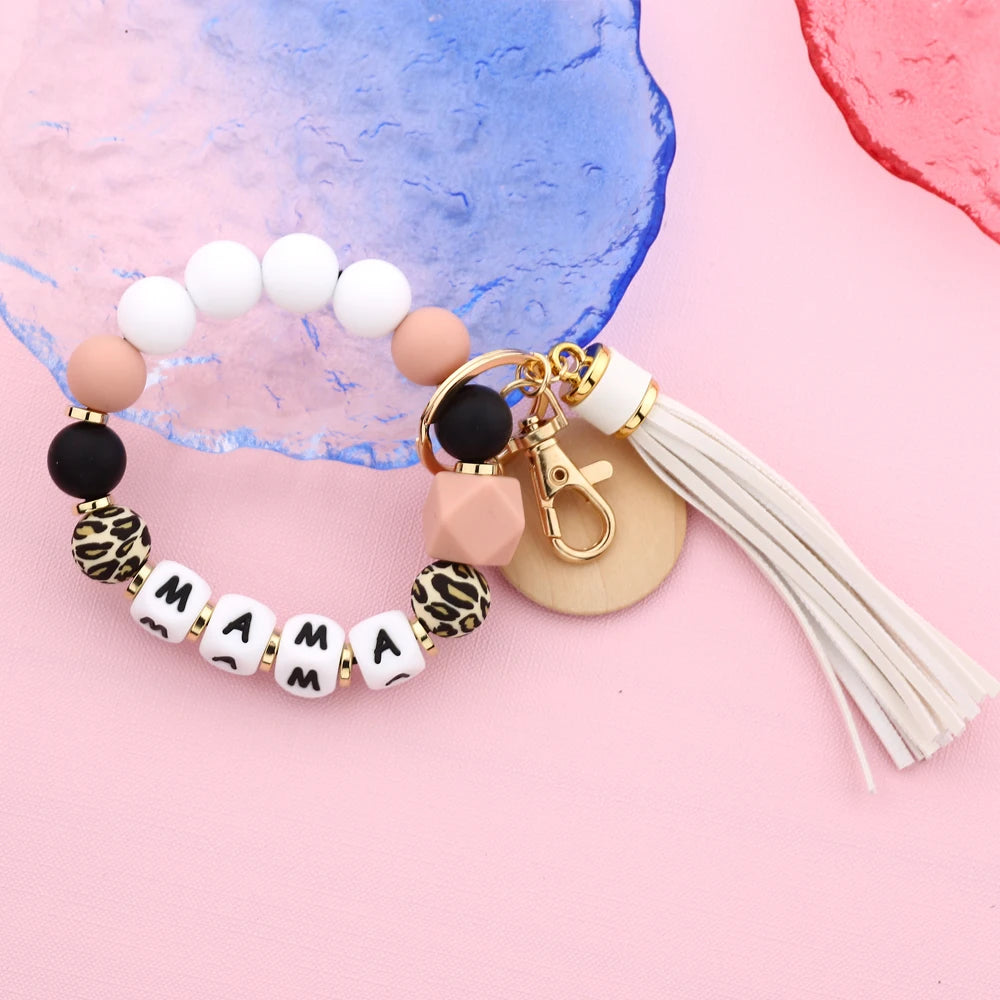 Mother's Day Gift Leopard Silicone Bead Key Chain Letter MAMA Beaded Wristlet Keychain With Wood Disc Leather Tassel Key Ring