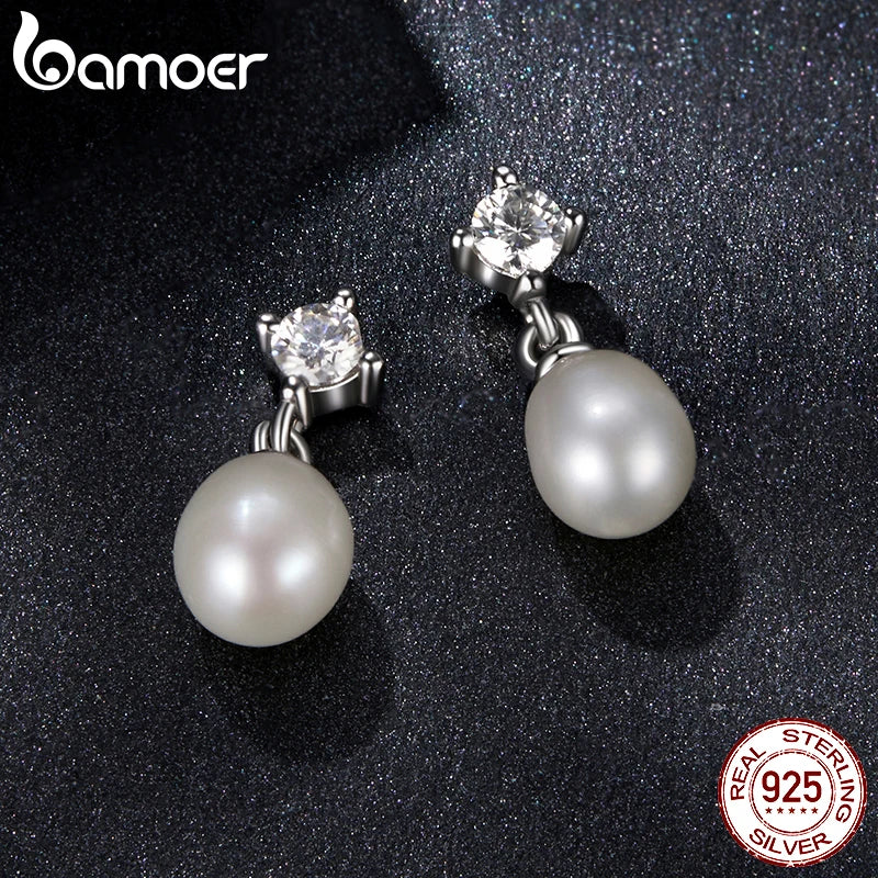 BAMOER White Gold Plated Moissanite Freshwater Pearl Earrings for Women, 925 Sterling Silver Elegant Stud Huggies Christmas Gift