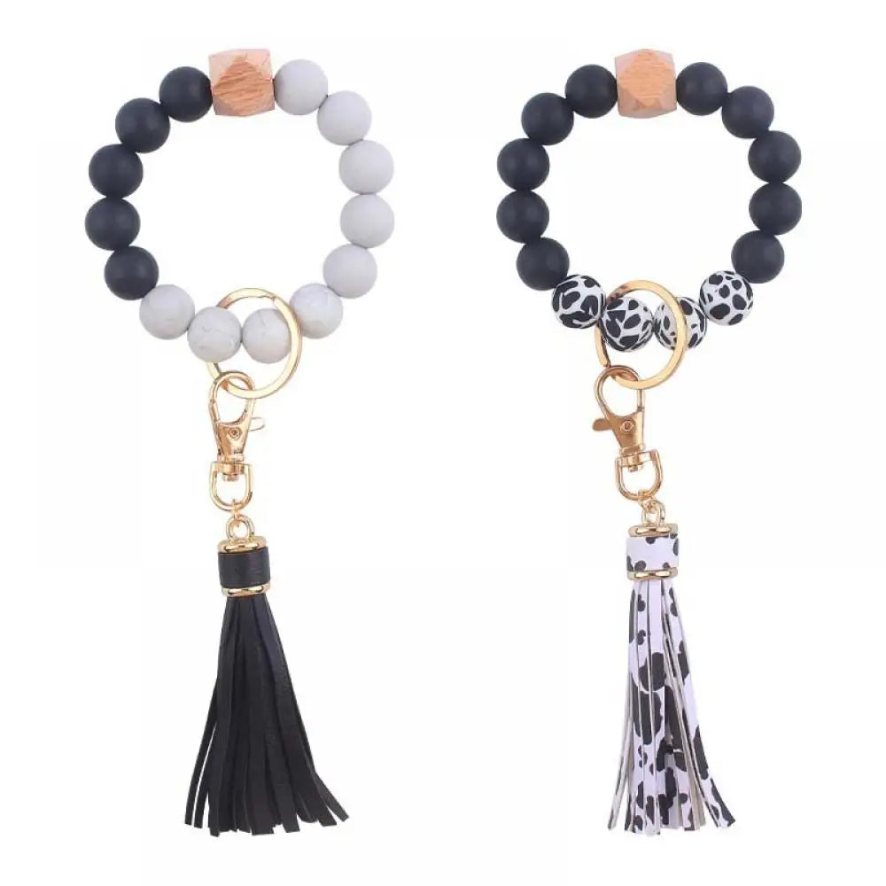 Fashion Leopard Print Silicone Round Beads Keychain For Women Men Tassel Pendant Keyring Lobster Clasp Bracelet Keychain Jewelry