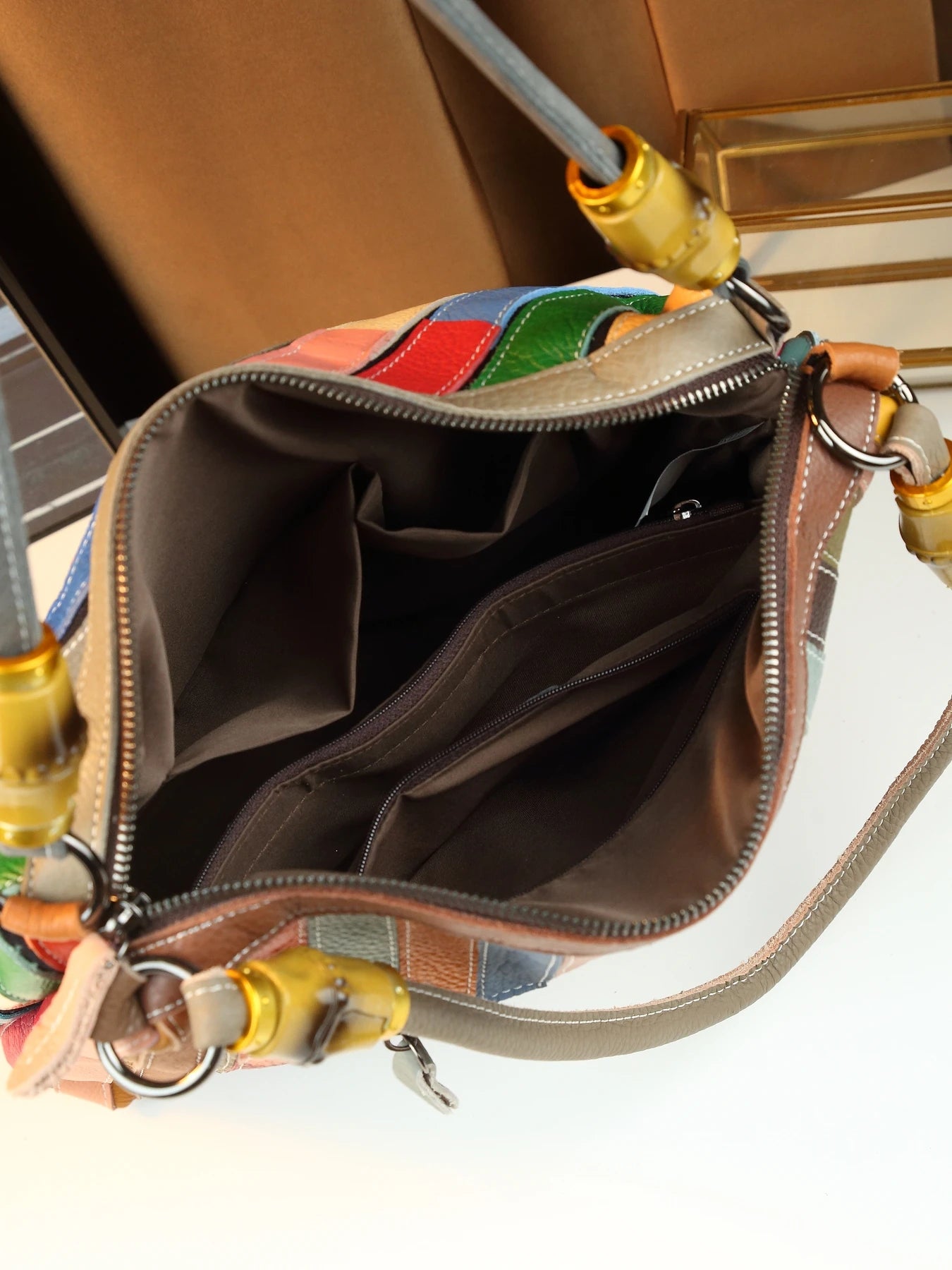 Tejesa rainbow color block printing new leather shoulder tote bag