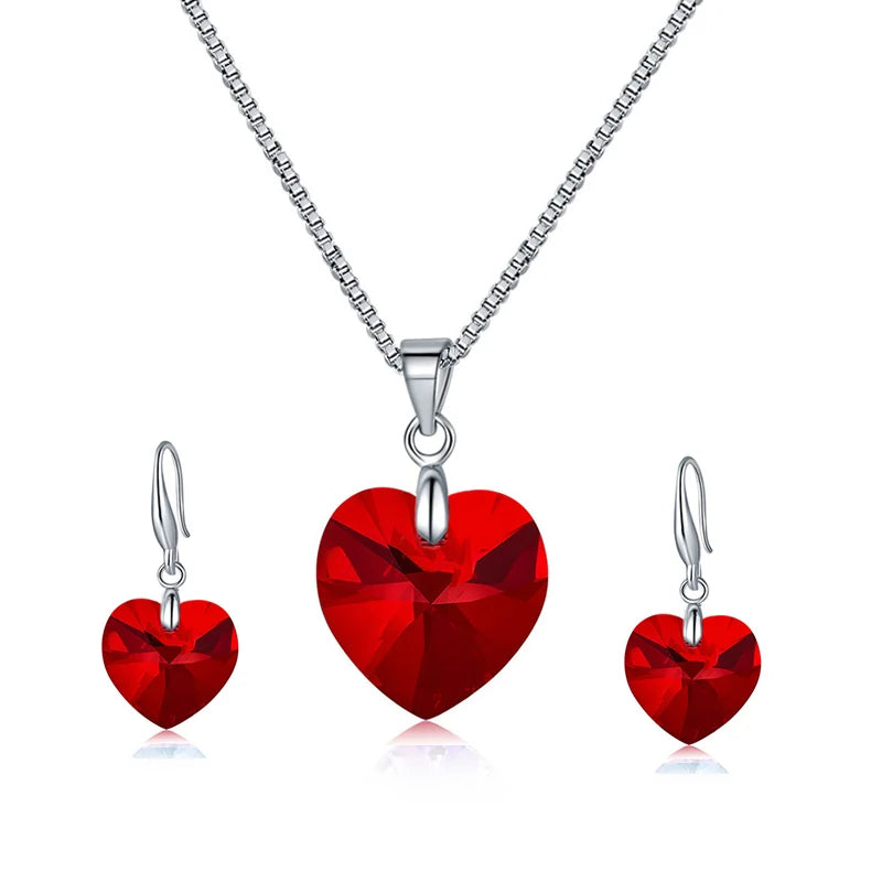 Romantic Heart Jewelry Sets Silver Color Crystals from Austria Pendant Necklace Drop Earrings for Women Wedding Anniversary