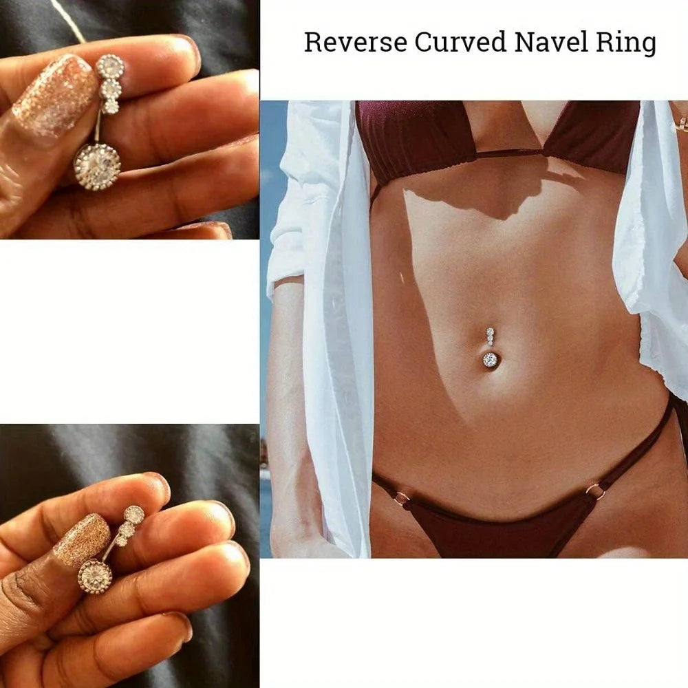 Drperfect 1PC Stainless Steel Belly Button Rings Reverse Navel Rings for Women Curved Barbell CZ Cute Body Piercing Jewelry