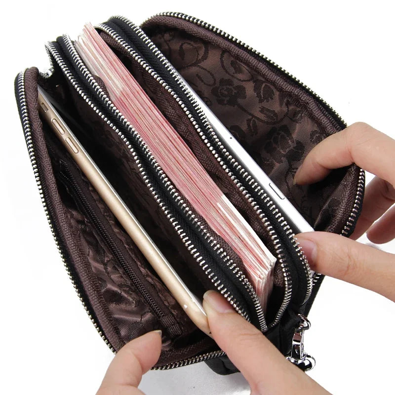 Hemasa   Leather Long Wallet   3-Layer Zipper Purse Bag Large Capacity Wristlet Clutch Wallets /Phone Bag /Money Purses