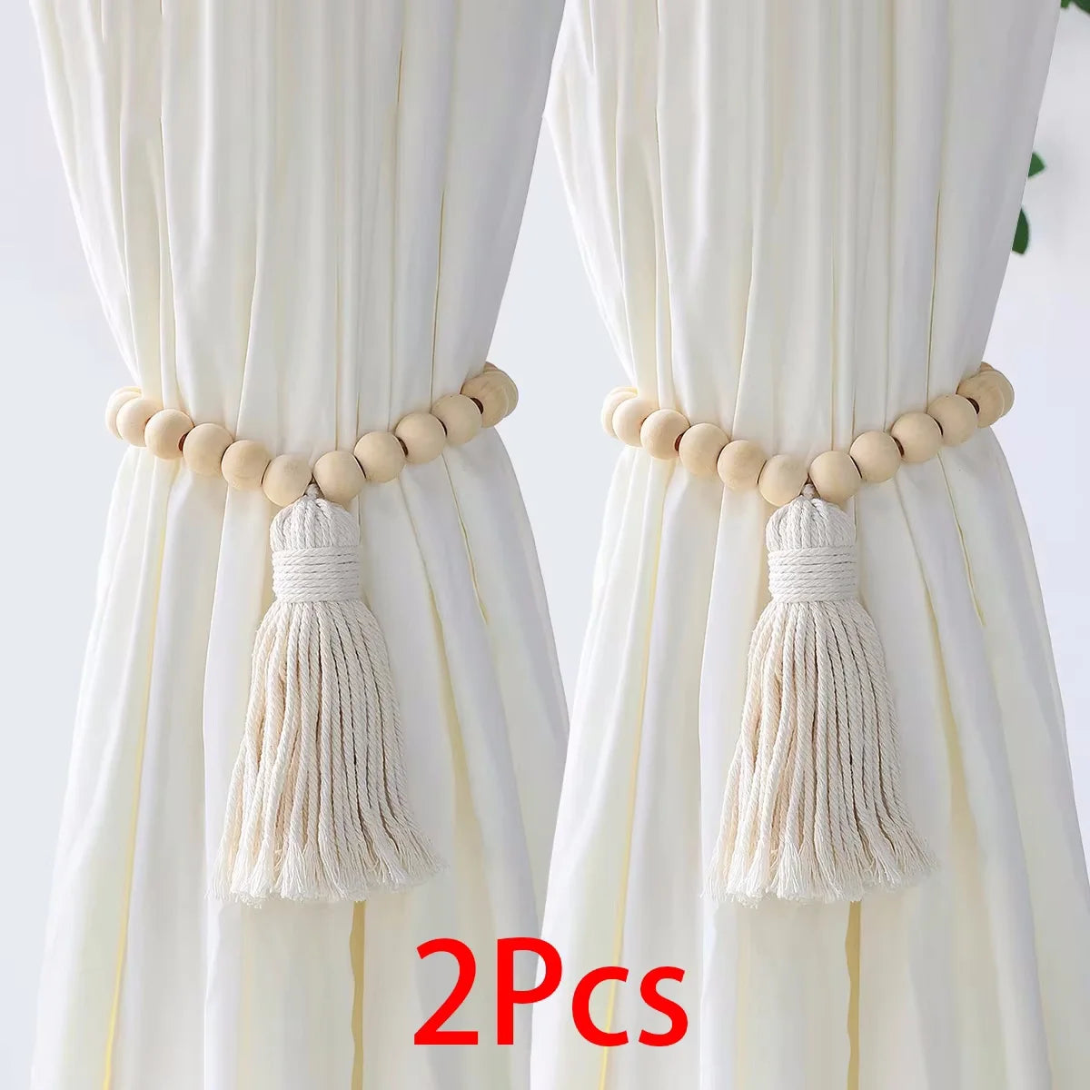 Handmade Macrame Curtain Holdbacks,Wooden Bead Curtain Tiebacks,Boho Home Decoration,Cotton Hanging Rope Curtains Accessories