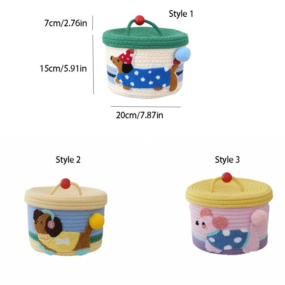 Cartoon Cotton Rope Storage Basket Round with Cover Snack Organizer Box Dachshund Pattern Decorative Hand Woven Basket