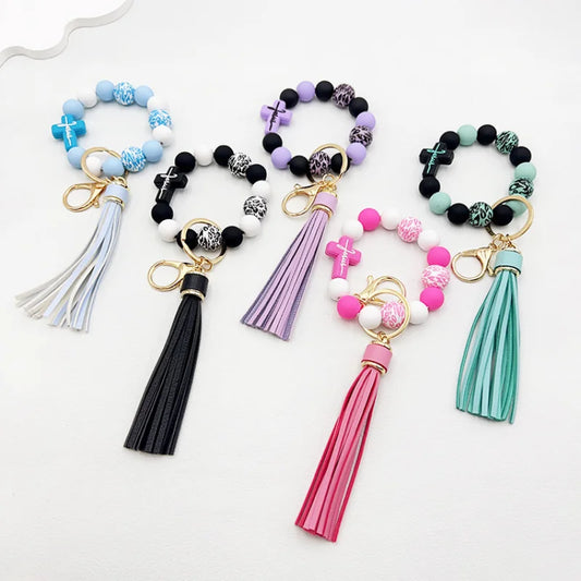 Amazon Hot sell Creative Silicone Beads Hand Stream Wood Big Bead Wrist cross leopard Key Chain bag Pendant Bracelet Keychain