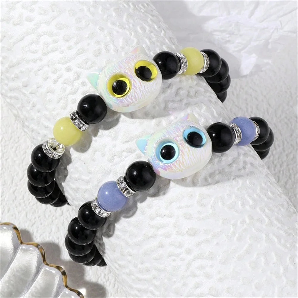 Cute Big Eye Cat Bracelets Glow-In-The-Dark Bracelet For Women Pendant Beaded Hand Chain Friendship Couple Bracelet Jewelry Gift