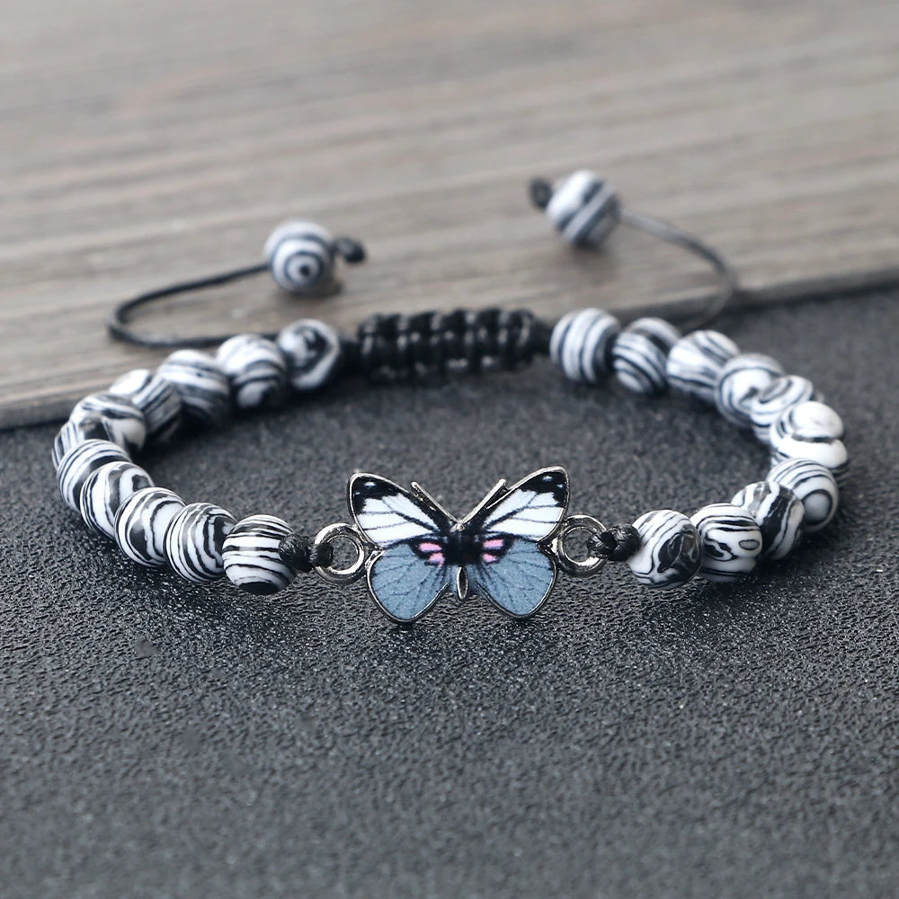 Grey Butterfly Beaded Bracelet Natural Tiger Eye Agates Lava Stone Woven Bracelets & Bangles for Women Handmade Healing Jewelry