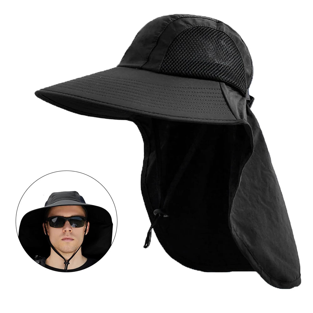 Tejesa Black Sun Hat for Men Women with Neck Flap UPF 50+ UV Protective Hiking Fishing Hats Wide Brim Sun Hat for Women&Men