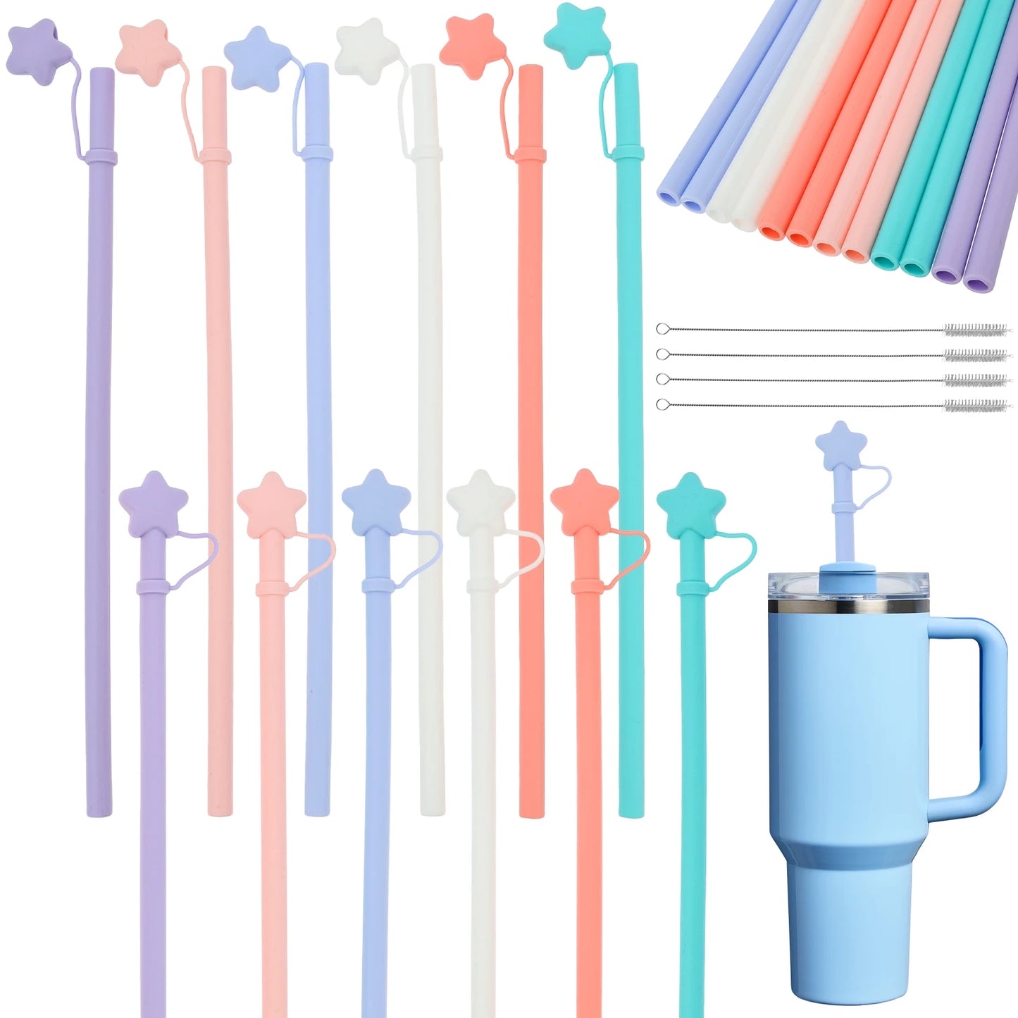 Tejesa 12Pcs Silicone Straws 12 Inch Soft Straw with Cover Reusable Cup Straw for Children Drinking Water Drinks Juice Smoothies Straws