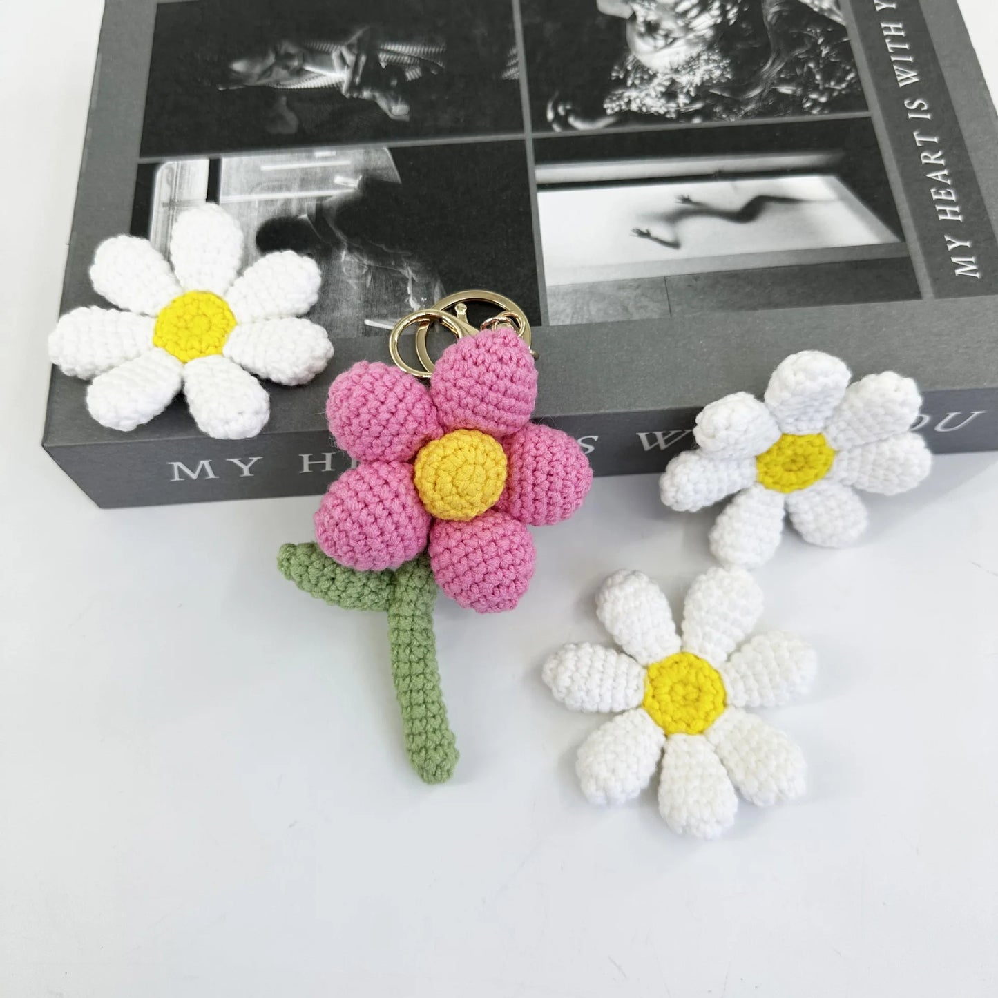 Hemasa Crochet Flower Pendant /Cute Handwoven Flower Keychains/ Knitted Flowers Bag Decor Gift Lovely Key Ring