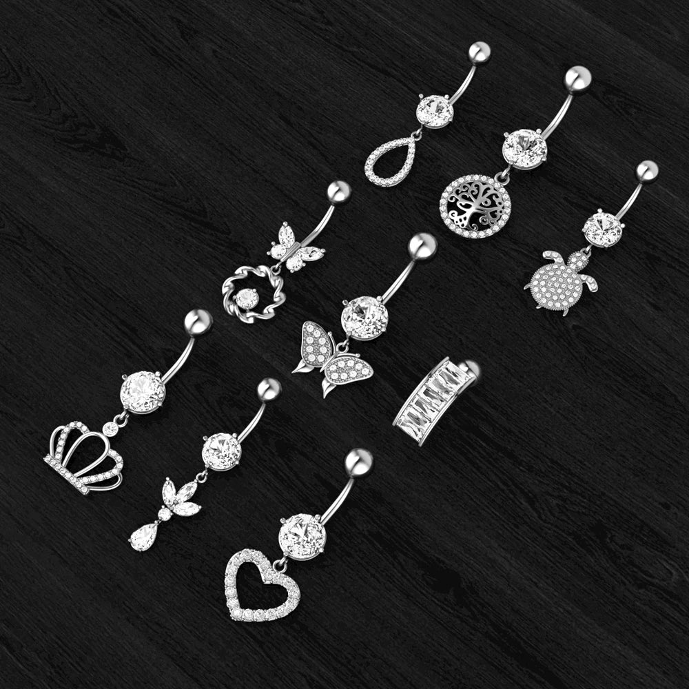 2pcs/lot Butterfly Zircon Hanging Belly Piercing Nombril Sexy Reverse Bar Flower Heart Belly Button Rings for Women Navel Ring