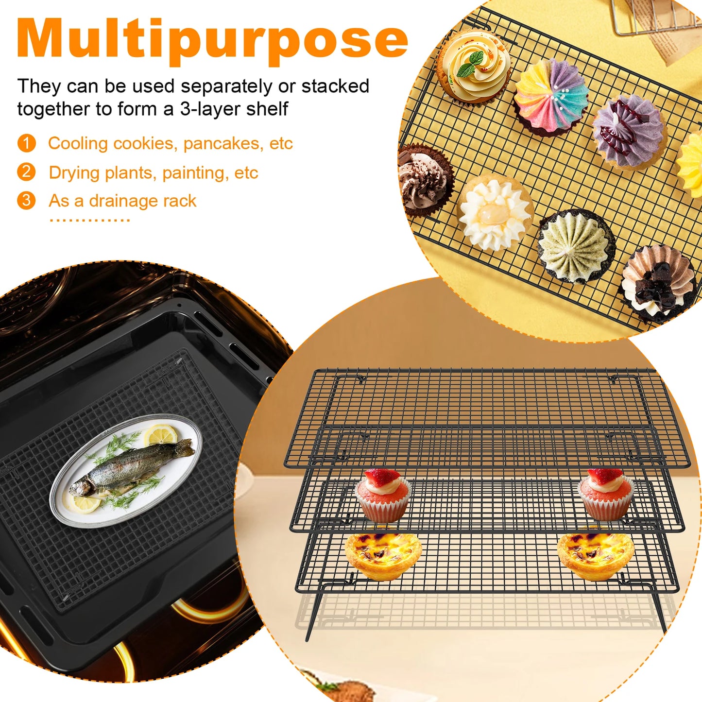 Tejesa 3/2Pcs Cooling Rack Stainless Steel Grid Baking Tray Non Stick Bread Cake Pizza Cooling Dry Rack Baking Pan Kitchen Accessories