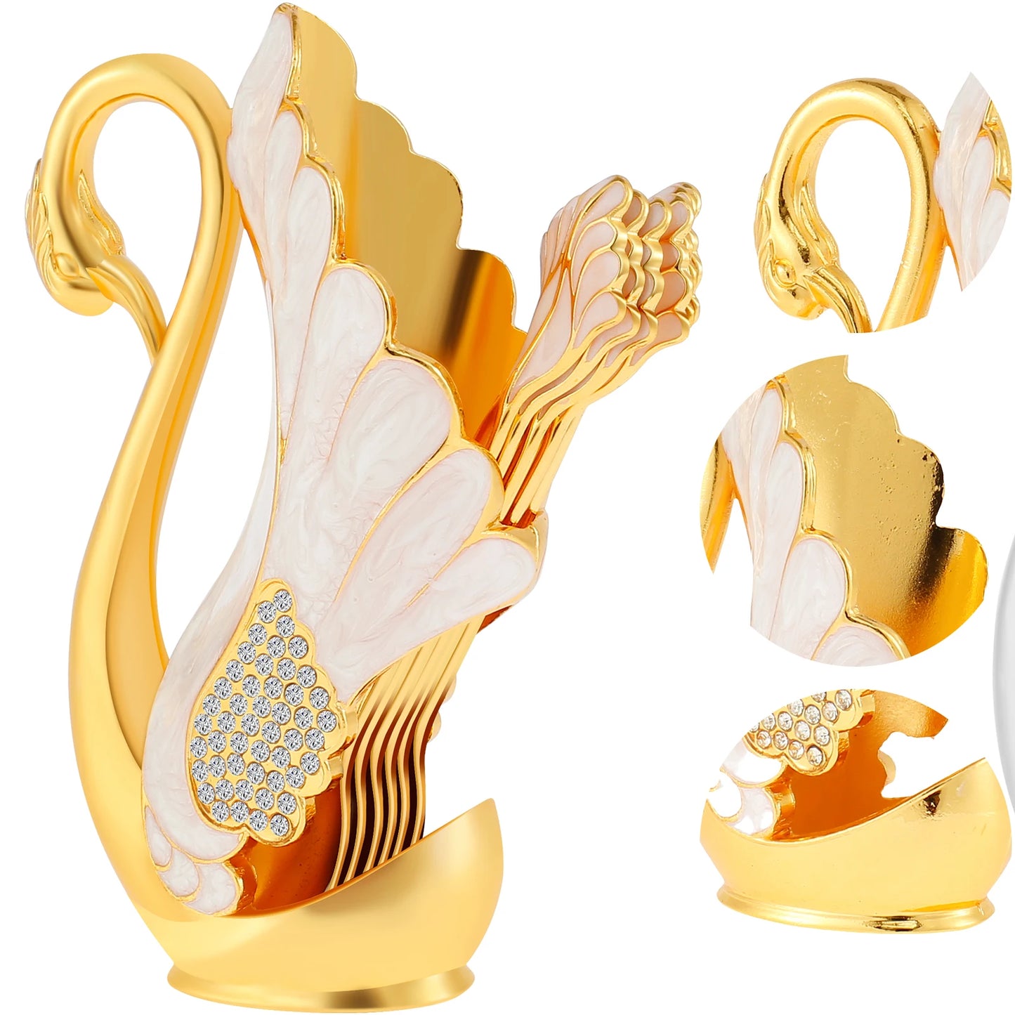 6Pcs Zinc Alloy Teaspoon For Dessert Ice Cream Stirring Coffee Small Spoons with Swan Base Holder Mini Gold Spoon Kitchen Gadget
