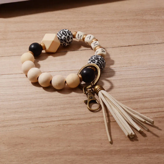2022 New Boho Leopard Sunflower Silicone Bead NANA Wristband MAMA Key Chain Pendant Custom Name Charm Mother's Day Jewelry Gift