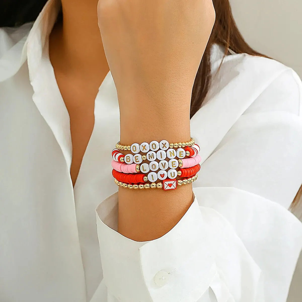 7Pcs/Set Romantic Love Heart Pendant Bracelets for Women Cute Trendy Pink Beaded Couples Bangles Valentine's Day Jewelry Gifts