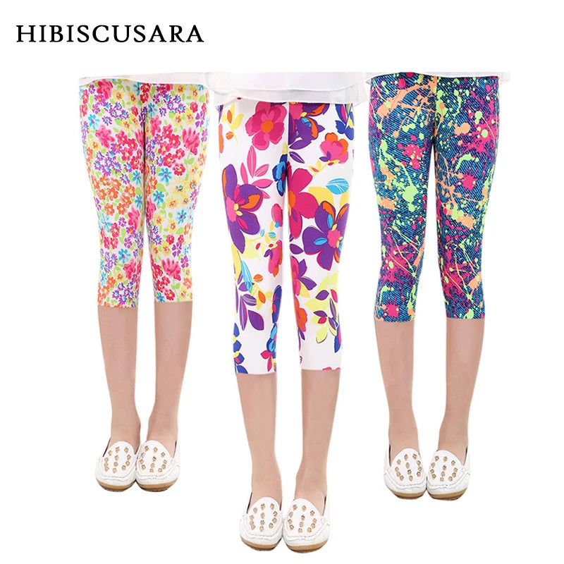 Hemasa 3-10years Girls Cropped Trousers Floral Print Flower Kids Calf Length Skinny Pants Stretch Leggings Children All-matches Bottoms