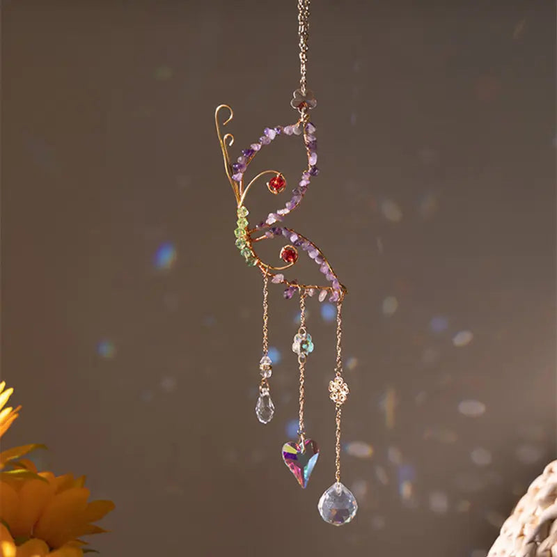 Suncatcher Crystal Hanging Car Ornament Handcraft Natural Raw Gemstone Flower Bird Butterfly Sun Catcher Home Decor Accessories