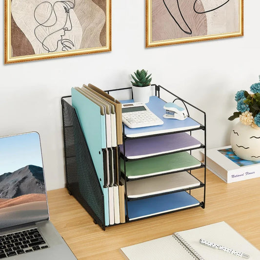 5 - Tier Paper Letter Tray Organizer with File Holder: Office Supplies Desktop Organizer