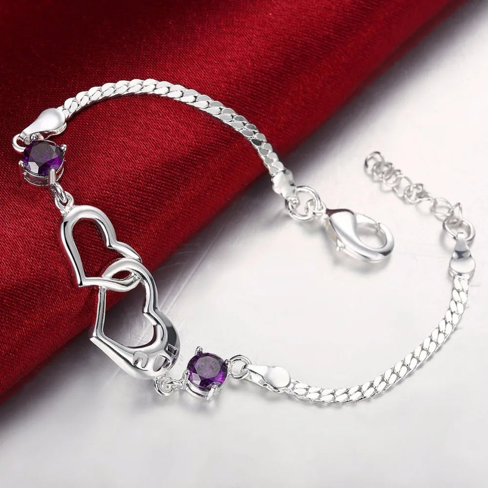 Lekani 925 Sterling Silver Double Heart Charm Bracelet For Women Fine Jewelry Purple Zirconia Pulseras Wedding Gift